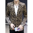 Mens Street Style Blazer Leopard Print Lapel Collar Long Sleeve Slim Button up Suit Blazer