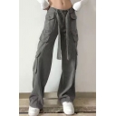 Street Look Girls Pants Solid Zip Fly High Rise Lace Up Flap Pockets Full Length Straight Cargo Pants