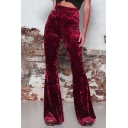 Stylish Ladies Pants Solid Velvet Elastic Waist Mid Rise Full Length Bootcut Pants