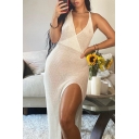 Leisure Womens Knit Dress Solid Color Deep V-Neck See-Through Split Side Maxi Beach Dress
