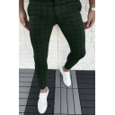 Mens Simple Pants Plaid Printed Pocket Full Length Skinny Mid Rise Zip Placket Pants