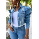 Leisure Womens Jacket Turn Down Collar Long Puff Sleeve Button down Ripped Cropped Denim Jacket