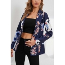 Trendy Womens Blazers Floral Pattern Lapel Collar One Button Slim Suit Jacket