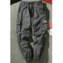 Trendy Mens Cargo Pants Plain Drawstring Elastic Waist Mid Rise Skinny Fitted Cargo Pants