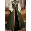 Vintage Womens Dress Plain Color Trim Patchwork Square Neck Maxi High-Waist Long Puff Sleeve Dress