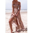 Chic Beach Dress Flower Print Waist-Control Off the Shoulder Midi Split Detail Womens Dress