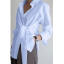 Unique Womens Plain Shirt Button Down Turn Down Collar Knot Detail Long-Sleeved Shirt