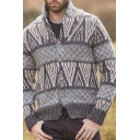 Casual Guys Knitted Pattern Cardigan Long Sleeve Stand Collar Button Up Regular Fit Cardigan