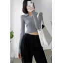 Chic Womens Crop Top Mock Neck Solid Color Long Sleeve Slim Fitted Crop Knit Top