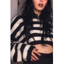 Trendy Girls Sweater Striped Pattern Round Neck Long Sleeve Oversized Cropped Sweater