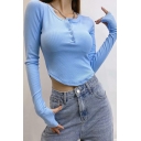 Casual Ladies T-Shirt Round Neck Button Down Long Sleeve Round Hem Slim Cropped T-Shirt