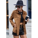 Classic Womens Jacket Plain Suede Fabric Spread Collar Single Breasted Pockets Detail Long Sleeve Regular Fit Jacket