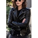 Cool Womens Leather Jacket Solid Color Notched Collar Side Zipper Down Relaxed Fit Jacket