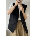 Trendy Womens Vest Solid V Neck Single Breasted Sleeveless Flap Pockets Oversized Vest
