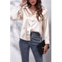 Womens Shirt Modern Plain Color Single Breasted Long Sleeve Straight Spread Collar Shirt