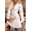 Womens Dress Creative Solid Color V Neck Long Sleeve Short Lace Slim Fit Pleated Dress