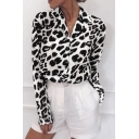 Fashionable Lapel Shirt Leopard Print Button Closure Slim Fit Shirt for Women