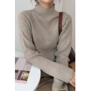 Basic Ladies Sweater V-Neck Plain Mock Neck Long Sleeve Regular Fit Knit Top