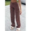 Leisure Womens Cotton Pants Solid Color High Waist Zipper Fly Straight Pants with Flap Pockets