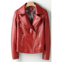 Leisure Ladies PU Jacket Solid Color Zipper Closure Notched Lapel Collar Regular Fitted PU Jacket with Zipper