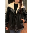 Fashionable Leather Jacket Solid Color Fleece Collar Side Zipper Down Relaxed Fit Jacket for Women