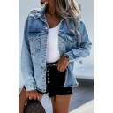 Classic Womens Jacket Faded Wash Spread Collar Distressed Ripped Single Button Regular Fit Denim Jacket