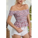 Retro Womens Shirt Floral Print Off the Shoulder Short Sleeve Ruffle Hem Slim Blouses