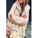 Retro Hooded Cardigan Plain Cable Knit Regular Fit Long Sleeve Knitted Thicken Cardigan for Ladies