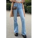 Basic Womens Jeans Zipper Fly Mid Rise Long Length Girlfriend Jeans with Washing Effect