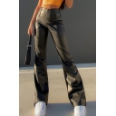 Pop Womens Flared Pants Solid Color High Waist Long Length Regular Fit PU Pants