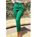 Chic Womens Pants Plain Belted Zipper Fly High Rise Ankle Length Tapered Pants