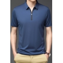 Basic Mens T-Shirt Pure Color Short Sleeve Zip Detail Turn-down Collar Regular Fit T-Shirt