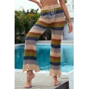 Colorful Womens Striped Pants Knit Hollow Out Mid Drawstring Waist Long Straight Pants