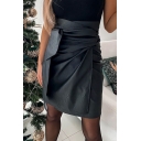 Classic Womens PU Skirt Tied Front High Waist A-Line Mini Skirt in Black