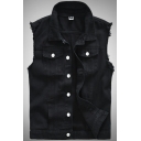 Dashing Men Denim Vest Turn-down Collar Pure Color Raw Edge Button Closure Regular Fit Vest in Black