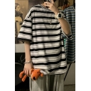 Modern Boys T-Shirt Stripe Pattern Half Sleeve Round Neck Loose Fit T-Shirt