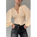 Casual Girls Shirt Solid Color Puff-Sleeve Decorated Shirt Button Front V-Neck Shirt
