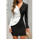 Chic Womens Dress Striped Patchwork V Neck High-Waist Long Sleeve Mini A-Line Shirt Dress