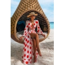 Trendy Womens Dress Polka Dot V-Neck Long Puff Sleeve Split Detail Midi Beach Dress