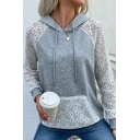 Designed Womens Hoodie Drawstring Contrast Panel Lace Detail Pocket Front Long Sleeve Slim Fit Hooded Sweatshirt