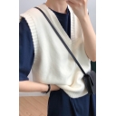 Basic Womens Plain Sweater V Neck Rib Hem Sleeveless Relaxed Fit Knitted Vest