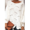 Leisure Bat Sweater Plain Hollow Boat Neck Long Sleeve Asymmetric Hem Loose Fit Pullover Sweater