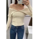 Fancy Womens Knit Top Plain Off The Shoulder Slim Fit Long-Sleeved Knit Top