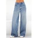 Fashionable Womens Jeans High Waist Zipper Fly Full Length Wide Leg Jeans with Washing Effect