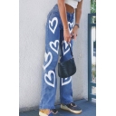 Chic Girls Jeans Colored Denim Zip Fly High Rise Heart Pattern Ankle Length Straight Jeans
