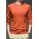 Dashing Men's Knitwear Solid Color Rib Hem Long Sleeve Round Neck Fitted Pullover Sweater