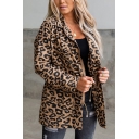 Vintage Leopard Print Jacket Zipper Down Lapel Long Sleeve Drawstring Waist Regular Fit Jacket