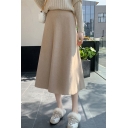 Casual A-Line Skirt Solid Color Knitted Midi Skirt for Ladies