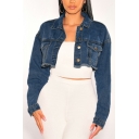 Trendy Ladies Jacket Turn Down Collar Button Down Cut-Outs Long Sleeve Slim Cropped Denim Jacket