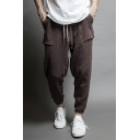 Leisure Mens Pants Solid Color Drawstring Waist Pocket Detail Mid Rise Regular Fit Pants